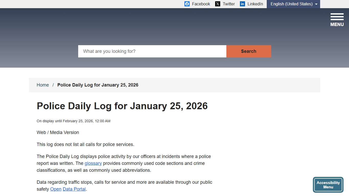 Police Daily Log for January 25, 2026 City of Menlo Park